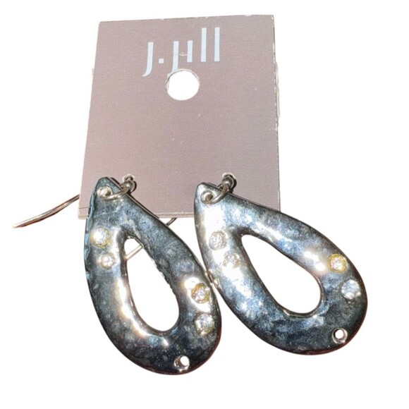 J. Jill Hammered Teardrop Cutout Earrings Silver Tone Crystal Dangle Boho Chic - Picture 7 of 10
